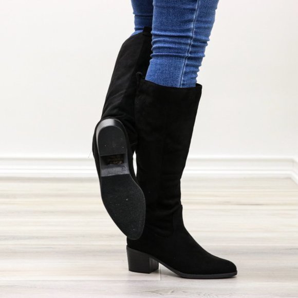 Pointy Toe Below The Knee Black Boots Faux Suede - Picture 7 of 11